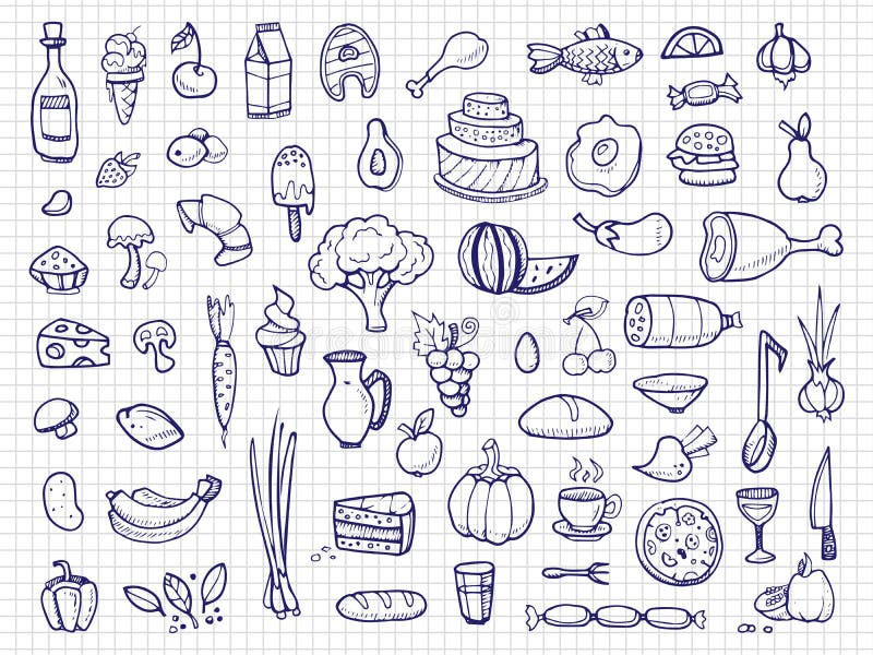 Alimento disegnato a mano, verdure, bevande, spuntini, icone di vettore di scarabocchio degli alimenti a rapida preparazione royalty illustrazione gratis Alimento disegnato a mano, verdure, bevande, spuntini, icone di vettore di scarabocchio degli alimenti a rapida preparazione royalty illustrazione gratis