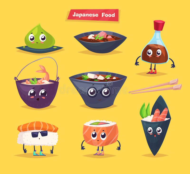 Alimento giapponese Salsa di soia e rotolo di sushi Vettore illustrazione di stock