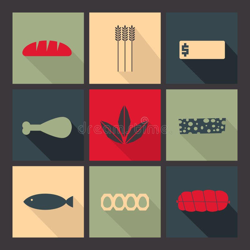 Alimento Grupo de ícones brilhantes no estilo liso ilustração stock Alimento Grupo de ícones brilhantes no estilo liso ilustração stock