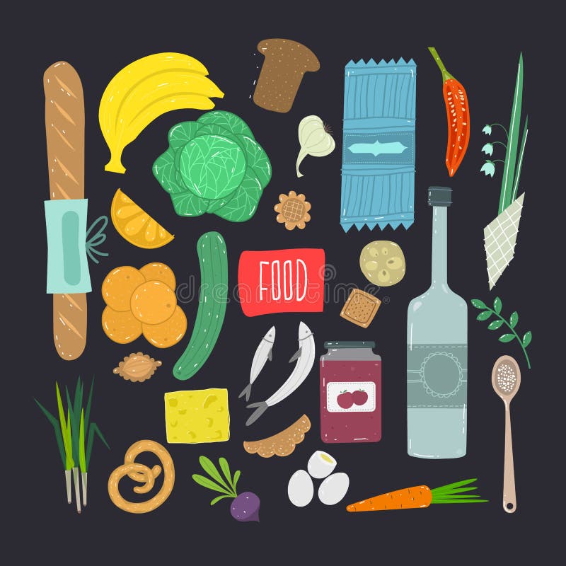 Alimento Grupo tirado mão de ingrediente de alimento saudável com rotulação ilustração stock Alimento Grupo tirado mão de ingrediente de alimento saudável com rotulação ilustração stock