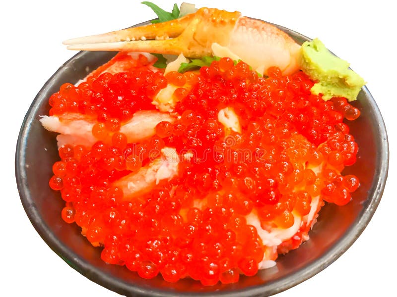 Alimento japonês: Foco seletivo das ovas Salmon, sashimi da carne de caranguejo na bacia de arroz foto de stock royalty free Alimento japonês: Foco seletivo das ovas Salmon, sashimi da carne de caranguejo na bacia de arroz foto de stock royalty free
