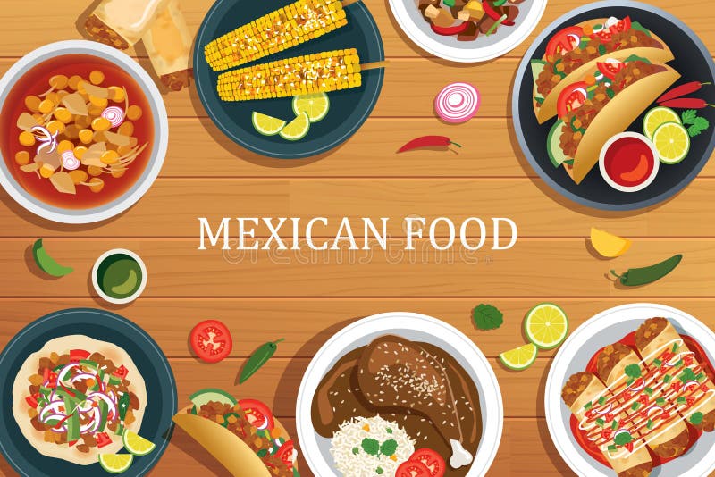 Alimento mexicano em um fundo de madeira Opinião superior do alimento mexicano ilustração do vetor Alimento mexicano em um fundo de madeira Opinião superior do alimento mexicano ilustração do vetor