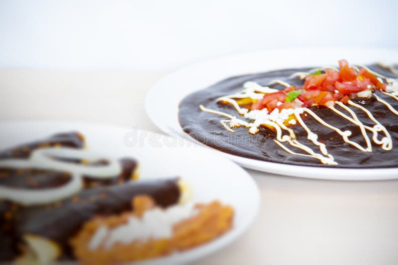Alimento mexicano tradicional, enchiladas da toupeira, Enchiladas de toupeira fotografia de stock Alimento mexicano tradicional, enchiladas da toupeira, Enchiladas de toupeira fotografia de stock