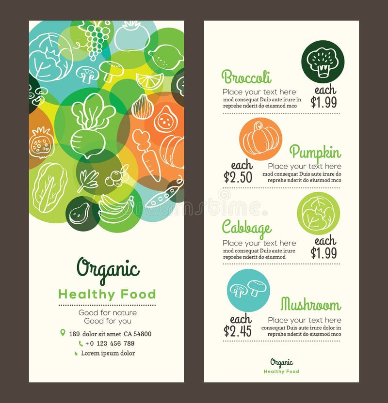 Alimento sano organico con la frutta e l'opuscolo dell'aletta di filatoio del menu delle verdure