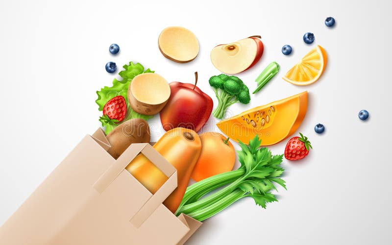Alimento saudável do vetor, fruto orgânico no saco de compras