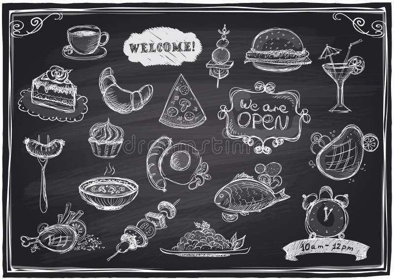 Alimento tirado mão e bebidas sortidos gráficos ilustração do vetor Alimento tirado mão e bebidas sortidos gráficos ilustração do vetor