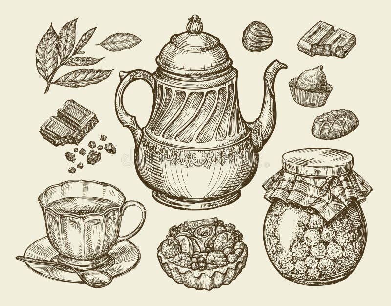Alimento, tè, dessert Teiera d'annata disegnata a mano, bollitore, tazza, inceppamento di lampone, cioccolato, caramella, plum-ca illustrazione vettoriale Alimento, tè, dessert Teiera d'annata disegnata a mano, bollitore, tazza, inceppamento di lampone, cioccolato, caramella, plum-ca illustrazione vettoriale