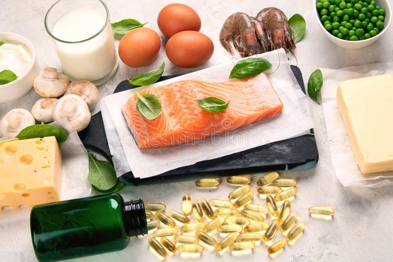 Alimentos e cápsulas de vitamina D