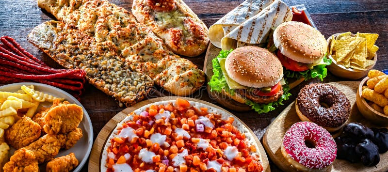 Alimentos que aumentan el riesgo de cáncer. comida chatarra foto de archivo