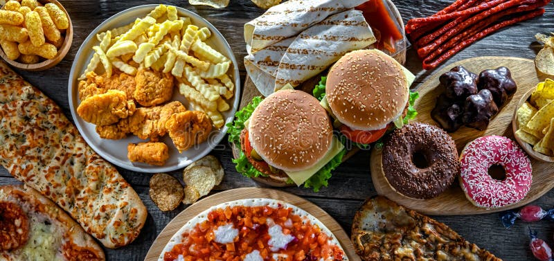 Alimentos que aumentan el riesgo de cáncer. Comida chatarra foto de archivo libre de regalías