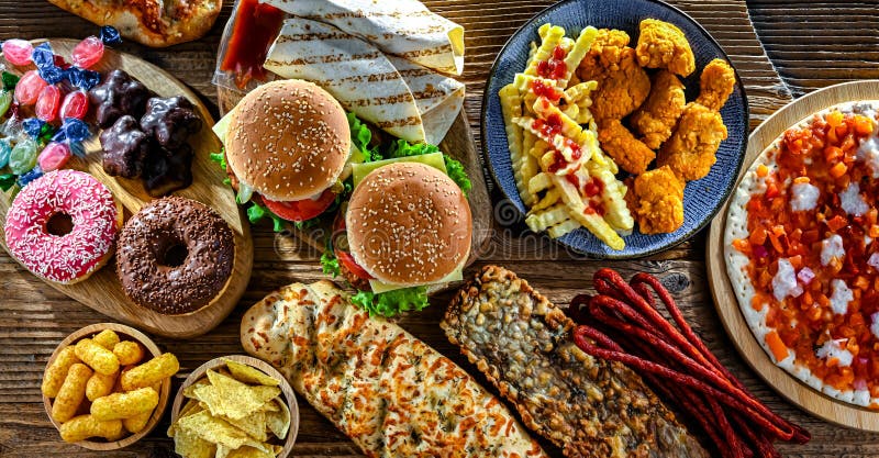 Alimentos que aumentan el riesgo de cáncer. Comida chatarra fotos de archivo