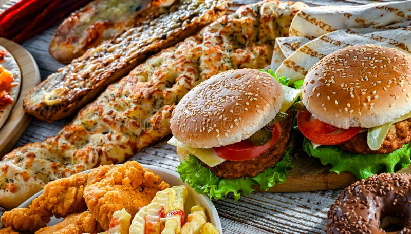 Alimentos que aumentan el riesgo de cáncer. Comida chatarra imagenes de archivo