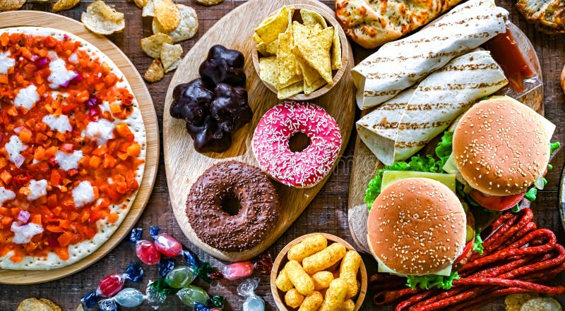 Alimentos que aumentan el riesgo de cáncer. Comida chatarra foto de archivo