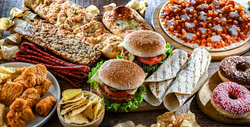 Alimentos que aumentan el riesgo de cáncer. Comida chatarra foto de archivo libre de regalías