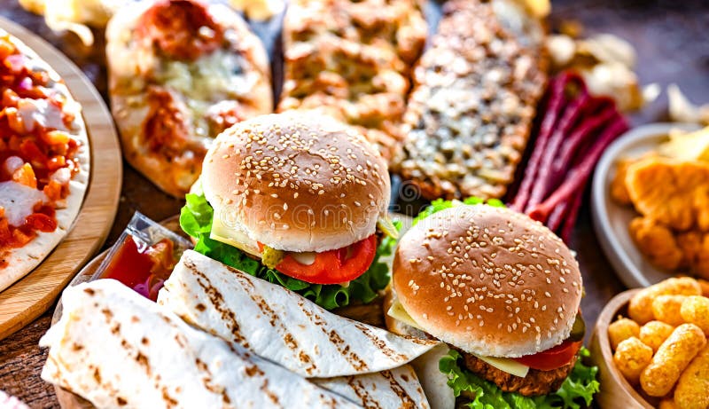 Alimentos que aumentan el riesgo de cáncer. Comida chatarra fotos de archivo