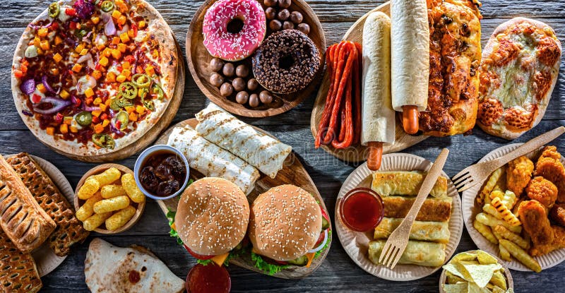Alimentos que aumentan el riesgo de cáncer. Comida chatarra fotografía de archivo libre de regalías