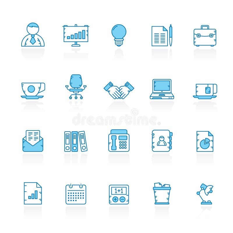 Alinee con los iconos del negocio azul del fondo y del mobiliario de oficinas ilustración del vector Alinee con los iconos del negocio azul del fondo y del mobiliario de oficinas ilustración del vector