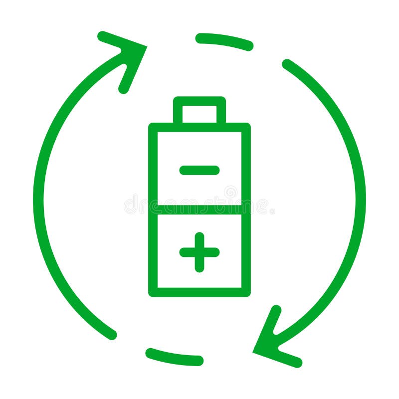 Alkaline battery icon in green color with round recycle arrows. Green environment, garbage separation concept. Isolated vector pic vector illustration