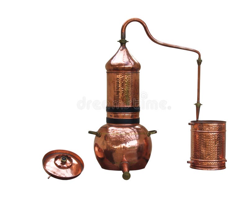 Perfume & alcohol distillery. Alembic Copper - Distillation apparatus employed for the distillation of alcohol, essential oils and moonshine. Perfume & alcohol distillery. Alembic Copper - Distillation apparatus employed for the distillation of alcohol, essential oils and moonshine.