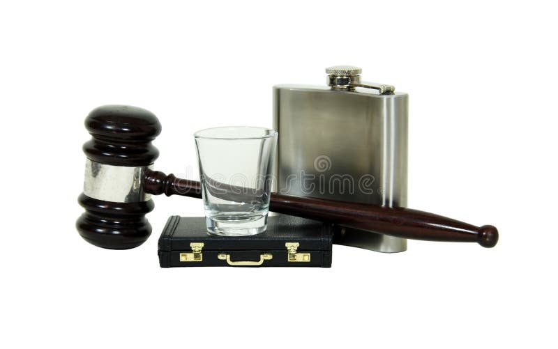 Leather briefcase used to carry items to the office, legal wooden gavel, Shot glass, Metal flask. Leather briefcase used to carry items to the office, legal wooden gavel, Shot glass, Metal flask