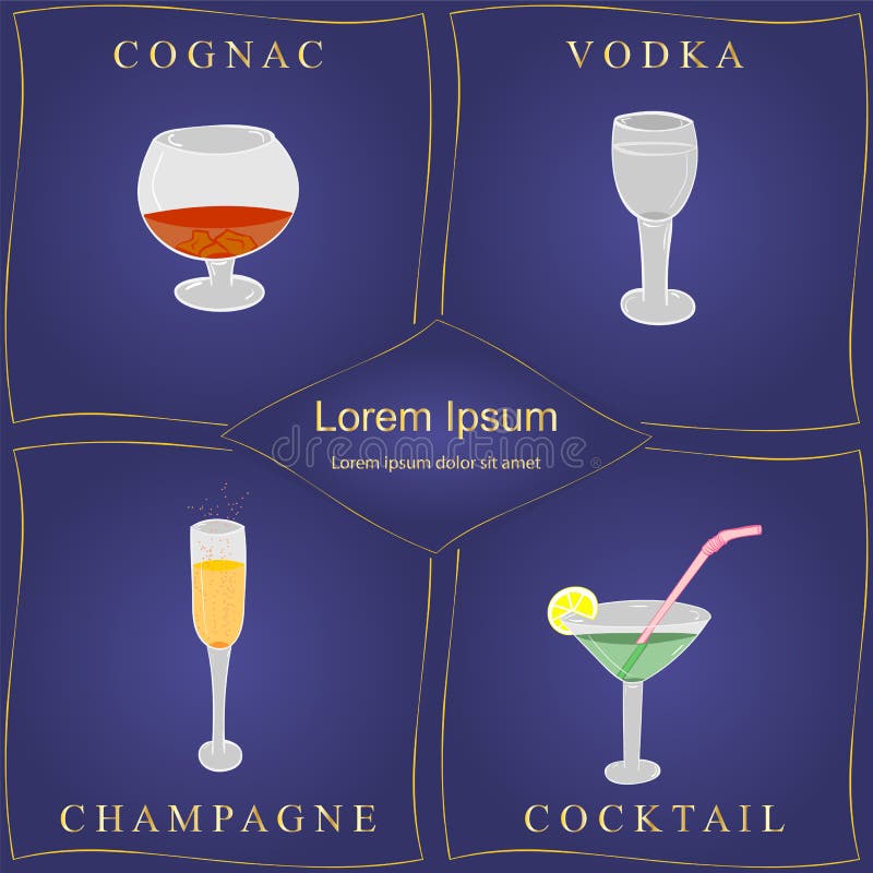 Alkoholdrinkar Uppsättning av Hand-drog vinglas i guld- ramar på blått Exponeringsglas med Cognac, vodka, Champagne och Cocktai stock illustrationer Alkoholdrinkar Uppsättning av Hand-drog vinglas i guld- ramar på blått Exponeringsglas med Cognac, vodka, Champagne och Cocktai stock illustrationer