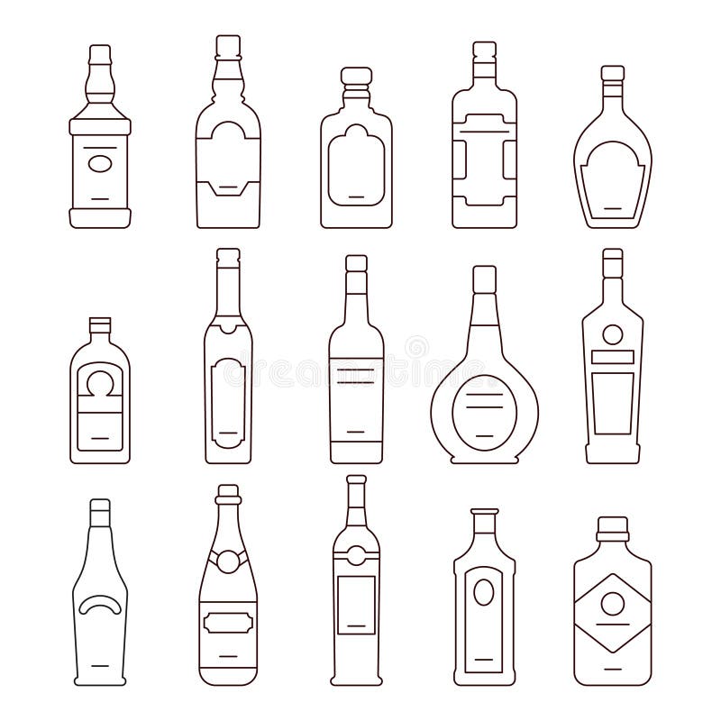 Alkoholdrinken buteljerar typer av vektorsymbolsuppsättningen stock illustrationer Alkoholdrinken buteljerar typer av vektorsymbolsuppsättningen stock illustrationer