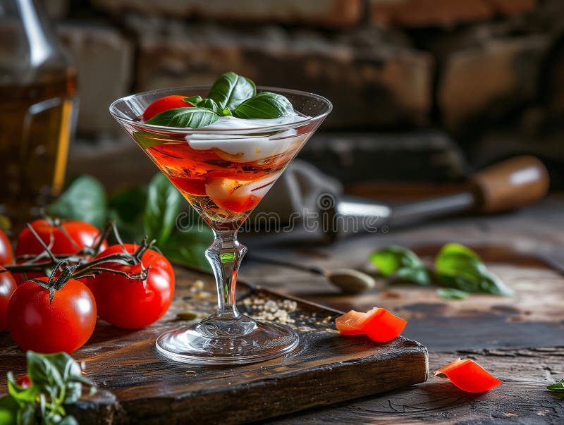 Alkoholhaltig dryck av Caprese martini i ett vackert glas. vodkaost av kajarcocktailtomatbasisk vodka. fotorealistisk bakgrund vektor illustrationer
