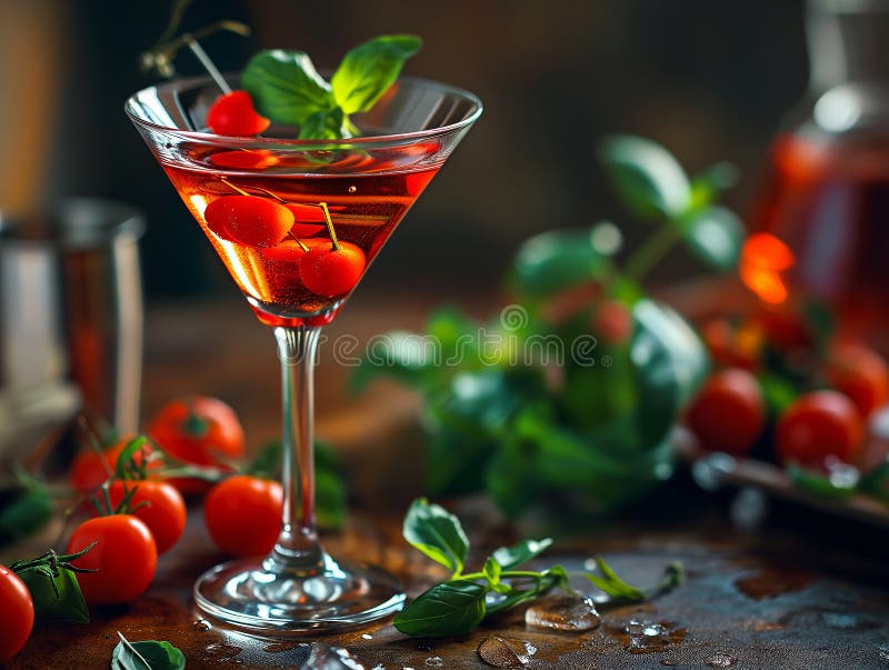 Alkoholhaltig dryck av Caprese martini i ett vackert glas. vodkaost av kajarcocktailtomatbasisk vodka. fotorealistisk bakgrund stock illustrationer