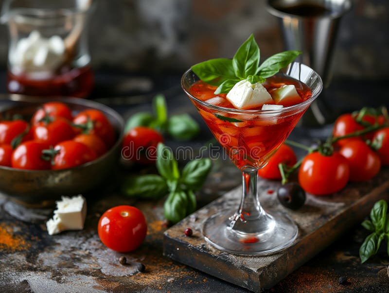 Alkoholhaltig dryck av Caprese martini i ett vackert glas. vodkaost av kajarcocktailtomatbasisk vodka. fotorealistisk bakgrund vektor illustrationer