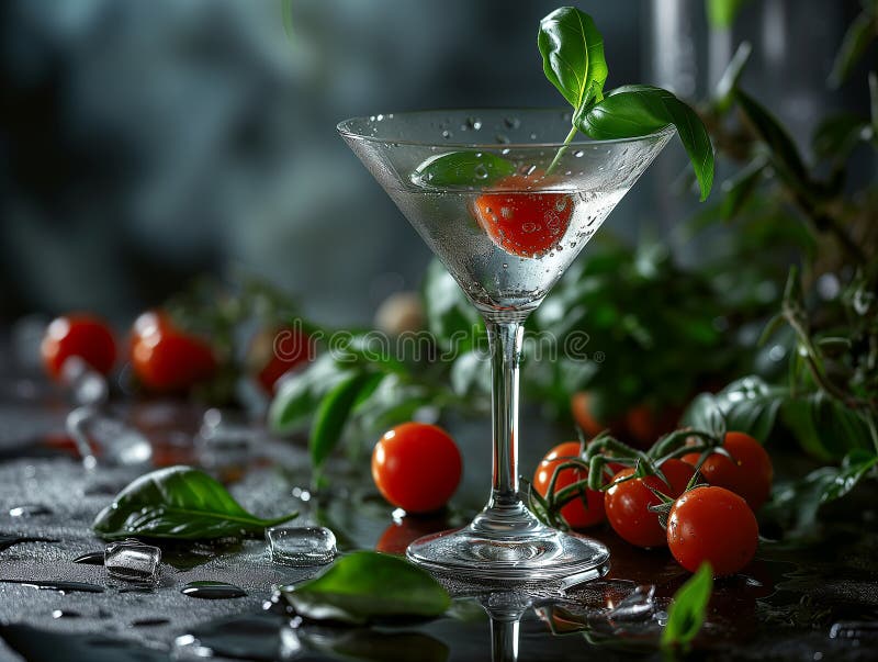 Alkoholhaltig dryck av Caprese martini i ett vackert glas. vodkaost av kajarcocktailtomatbasisk vodka. fotorealistisk bakgrund vektor illustrationer