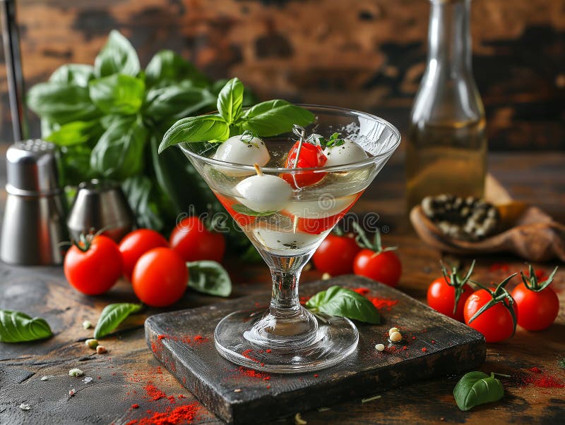 Alkoholhaltig dryck av Caprese martini i ett vackert glas. vodkaost av kajarcocktailtomatbasisk vodka. fotorealistisk bakgrund stock illustrationer