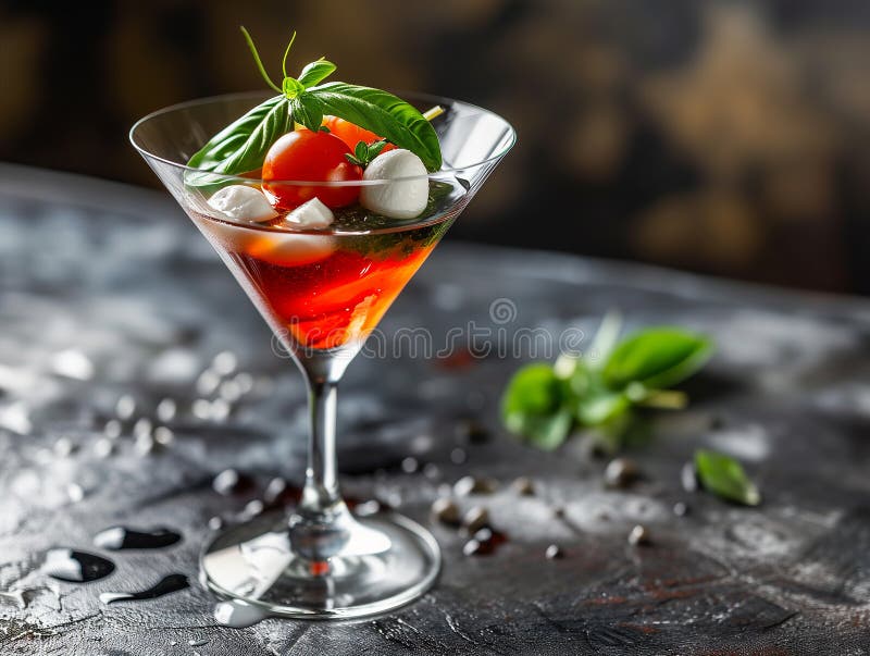 Alkoholhaltig dryck av Caprese martini i ett vackert glas. vodkaost av kajarcocktailtomatbasisk vodka. fotorealistisk bakgrund vektor illustrationer