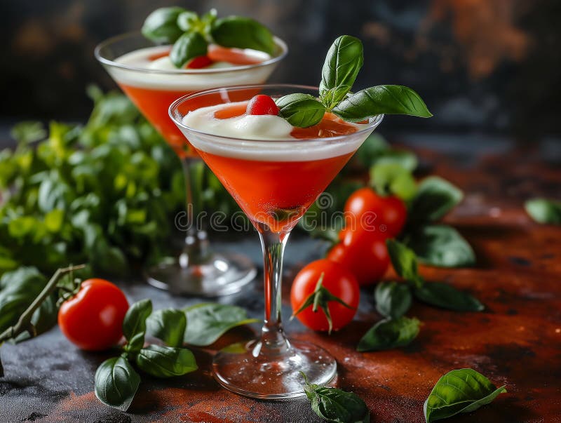 Alkoholhaltig dryck av Caprese martini i ett vackert glas. vodkaost av kajarcocktailtomatbasisk vodka. fotorealistisk bakgrund royaltyfri illustrationer