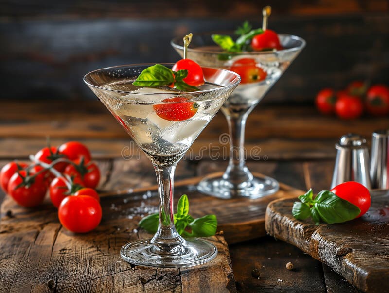 Alkoholhaltig dryck av Caprese martini i ett vackert glas. vodkaost av kajarcocktailtomatbasisk vodka. fotorealistisk bakgrund vektor illustrationer