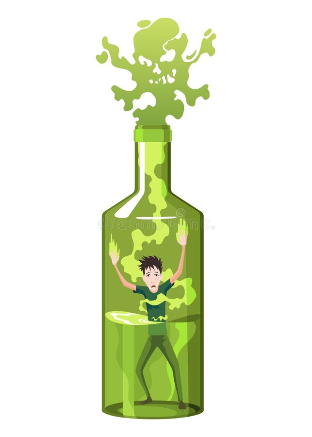 Alkoholikerin. unglücklicher Mann, der in grüner Flasche steht. Jugendlicher mit Alkoholabhängigkeit. Alkoholismus stock abbildung
