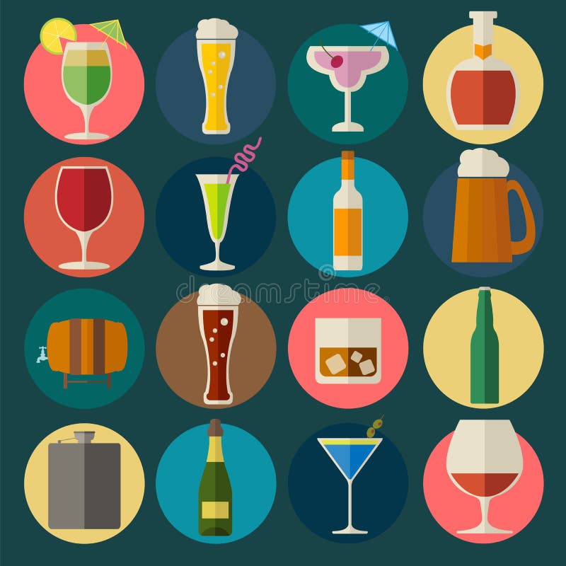 Alkoholisches Getränk trinkt Ikonen 16 flache Ikonen eingestellt vektor abbildung Alkoholisches Getränk trinkt Ikonen 16 flache Ikonen eingestellt vektor abbildung