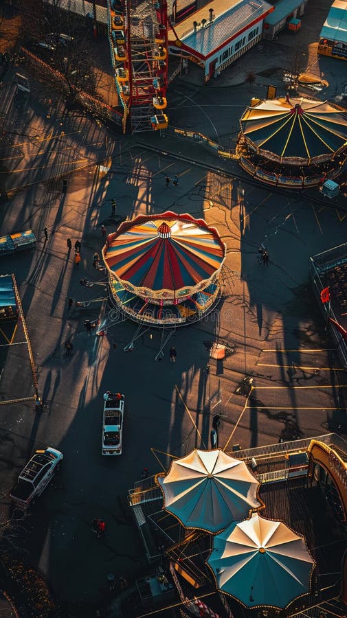 All'alba, un'immagine di un luna park vuoto con lunghe ombre e un'atmosfera pacifica illustrazione di stock