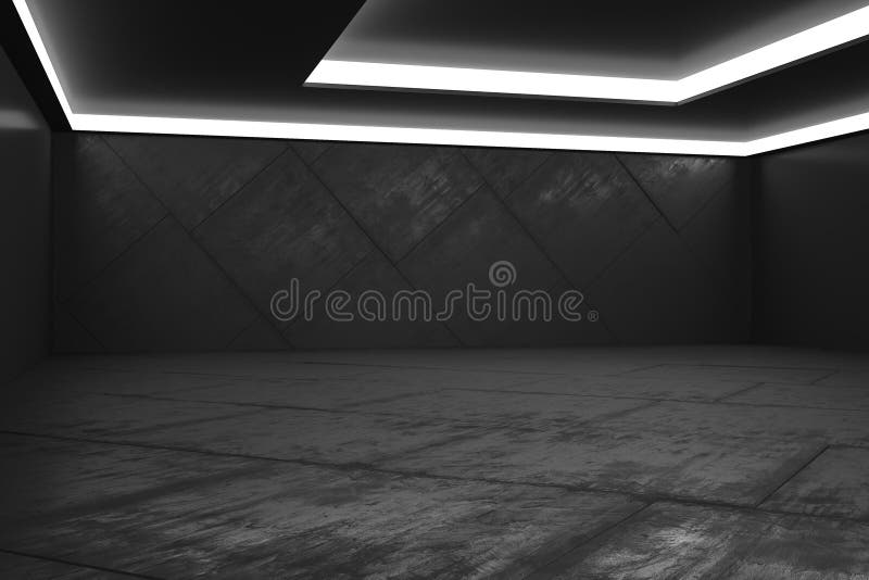 All Black Concept With Modern Spacious Dark Room With Blank Walls Stock