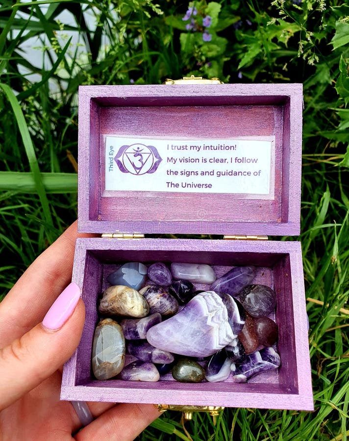 All Colour Colors CHAKRA purple THIRD EYE CHAKRA Gemstone Polished Hand Palmstones Rocks in wooden Box Near Water Spiritual