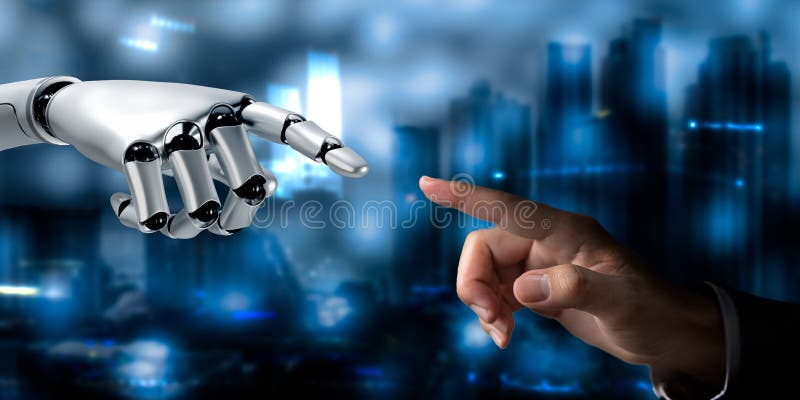 All intelligens, handrobot, vit 3d-rendering och hand om personer i bakgrunden royaltyfri bild