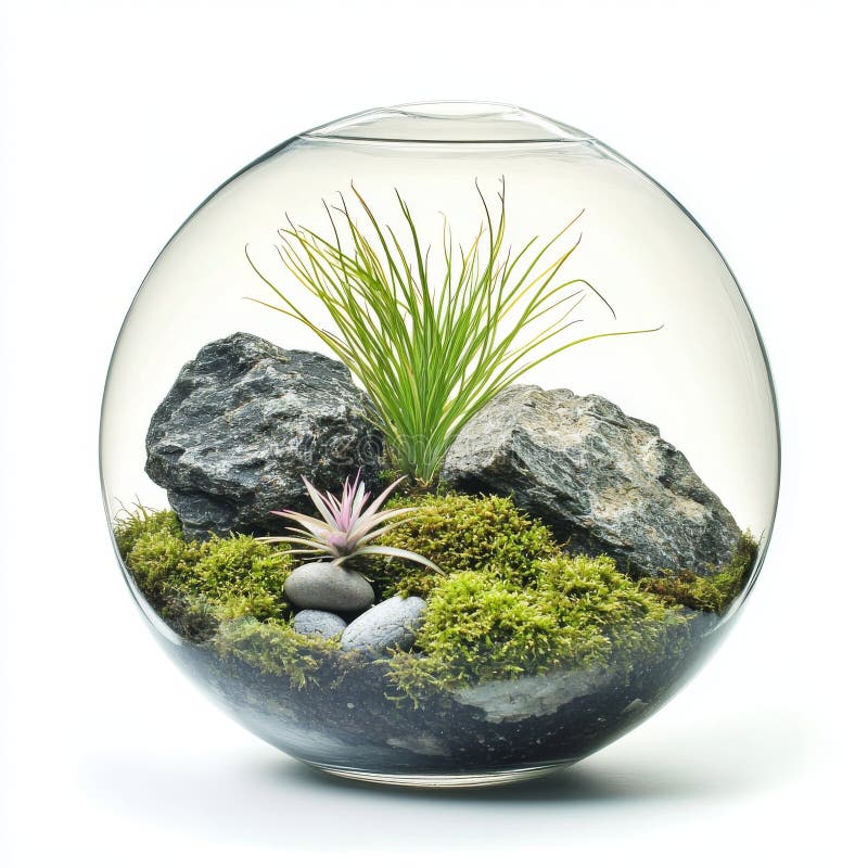 All'interno di un contenitore di vetro, un piccolo terrario vanta una rosa vibrante e ciottoli di metallo verde e aria piccola fotografie stock