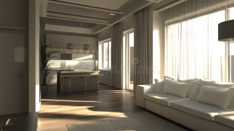 All'interno di un moderno appartamento, uno stile semplice creato con un'aie generativa. stanza spaziosa. spazio spazioso con mobili.