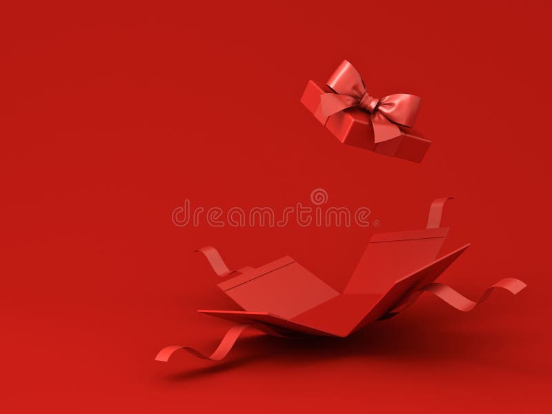 All red gift box concepts blank open present box or opening gift box with red ribbon bow on dark red background for stock illustration