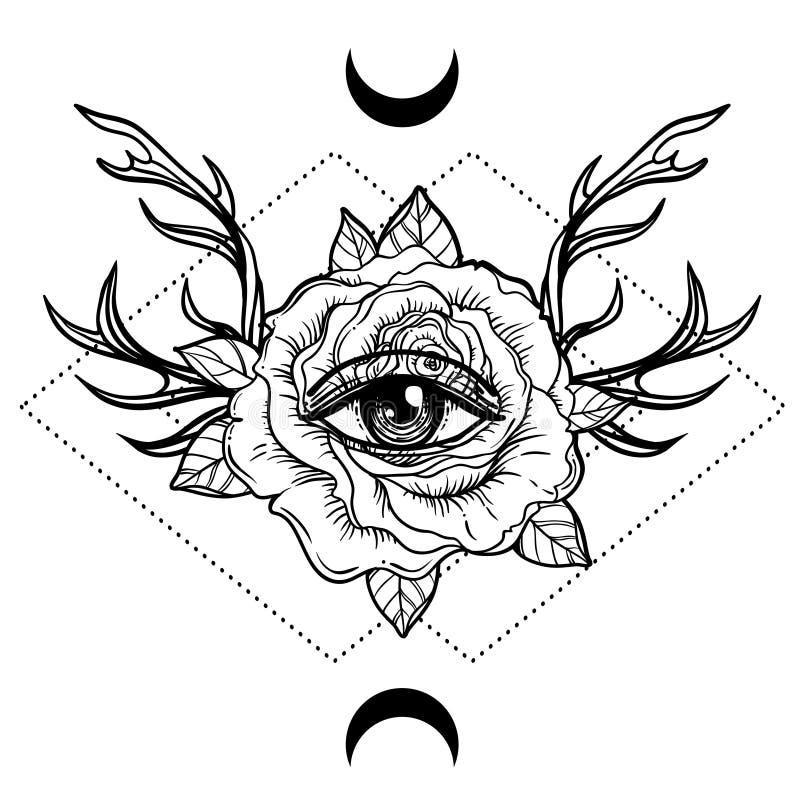 All Seeing Eye Symbol Over Rose Flower and Deer Antlers. Sacred Stock ...