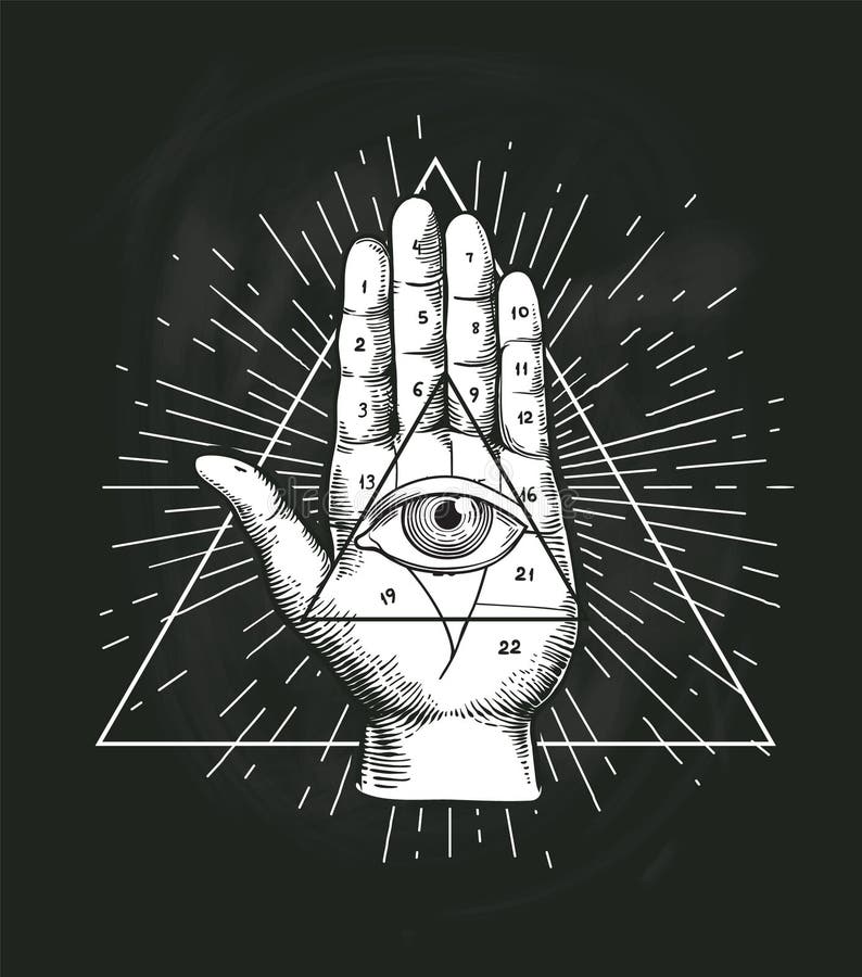 All Seeing Eye Triangle Geometric Vector Design. Providance Pyramid Tattoo Symbol with Occult Secret Hand Sign. Mystic