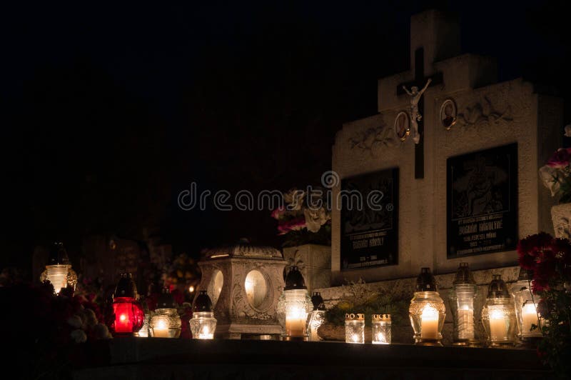 Candles for All Souls` Day in the Cemetery Stock Photo Image of