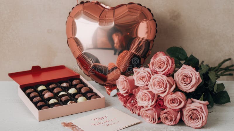 Alla hjärtans dag-presenter med chokladrosor och hjärtballong stock illustrationer