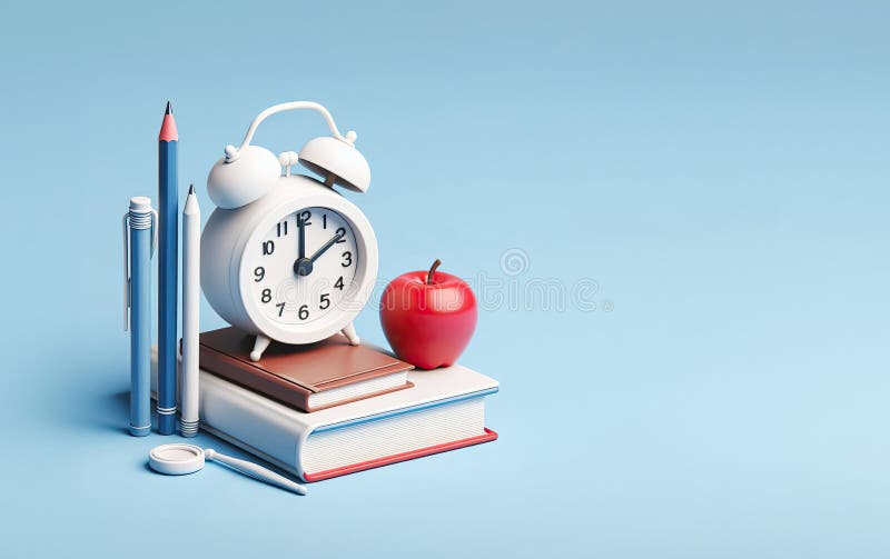 Allarme bianco 3d libro marrone libro blu penna rosso supporto orizzontale in una linea su sfondo blu chiaro illustrazione di stock