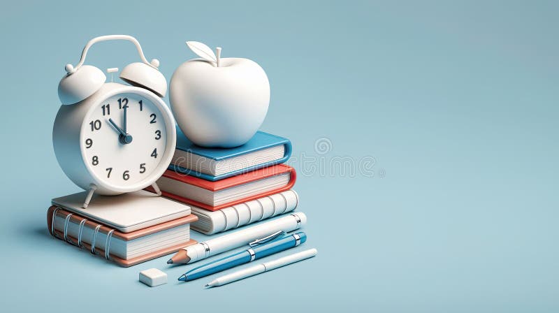 Allarme bianco 3d libro marrone libro blu penna rosso supporto orizzontale in una linea su sfondo blu chiaro illustrazione di stock