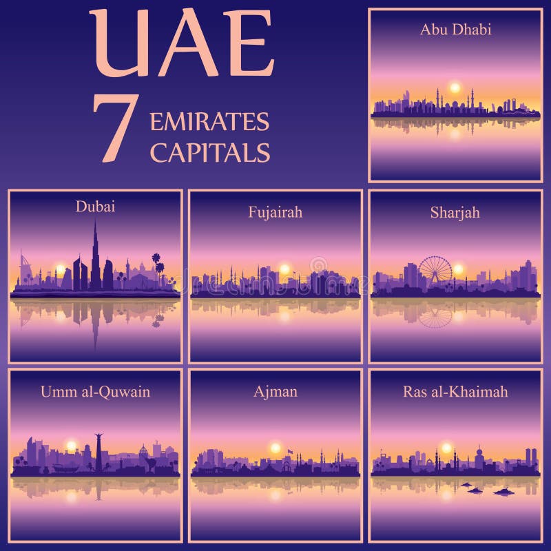 Alle hoofdsteden van de Verenigde Arabische Emiraten op zonsondergangbac vector illustratie Alle hoofdsteden van de Verenigde Arabische Emiraten op zonsondergangbac vector illustratie